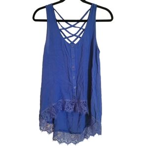 Kirra Blue Strappy Back Tank Lace Trim button up size Medium New NWT!